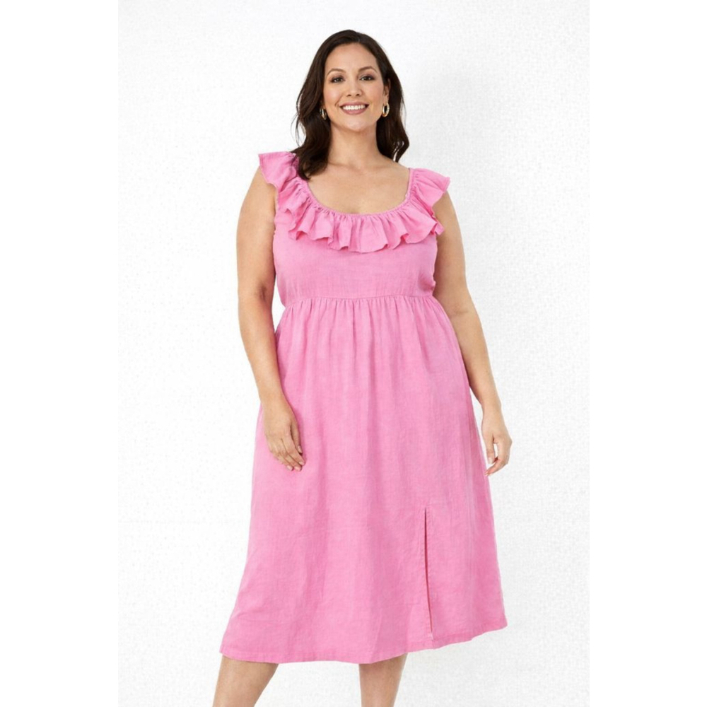AVA & VIV Pink Linen Blend Ruffle Midi Dress – 1X – NWT